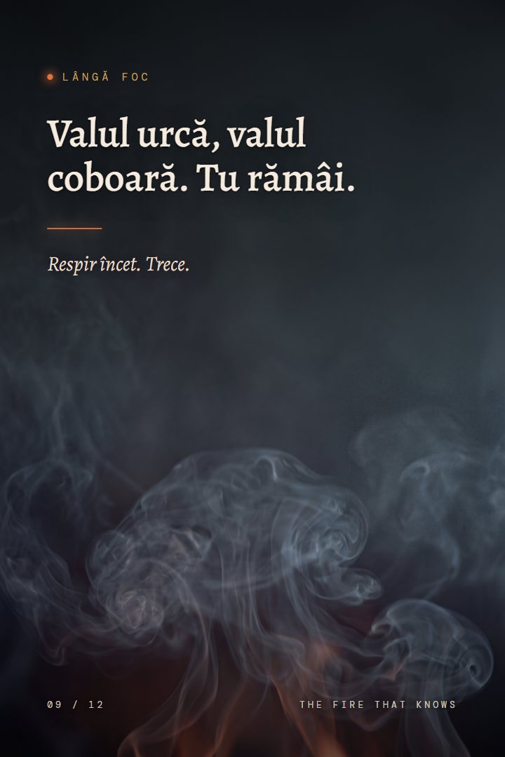 Print Lângă foc: Valul urcă, valul coboară. Tu rămâi. Respir încet. Trece.