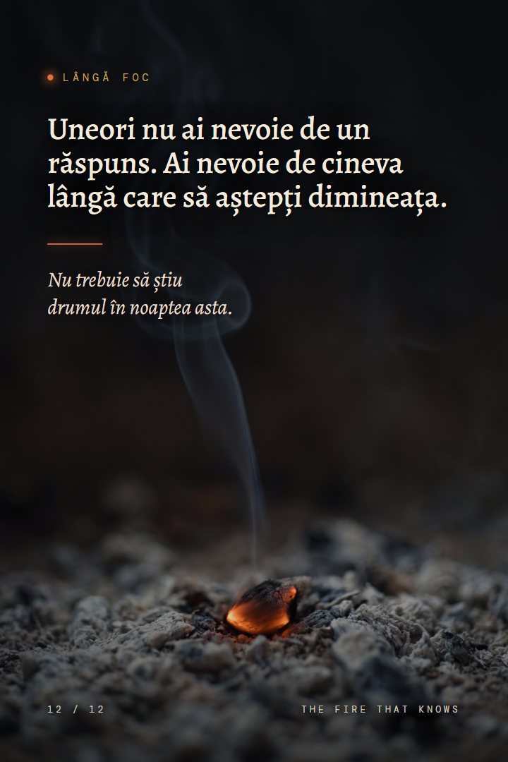 Print Lângă foc: Uneori nu ai nevoie de un răspuns. Ai nevoie de cineva lângă care să aștepți dimineața. Nu trebuie să știu drumul în noaptea asta.